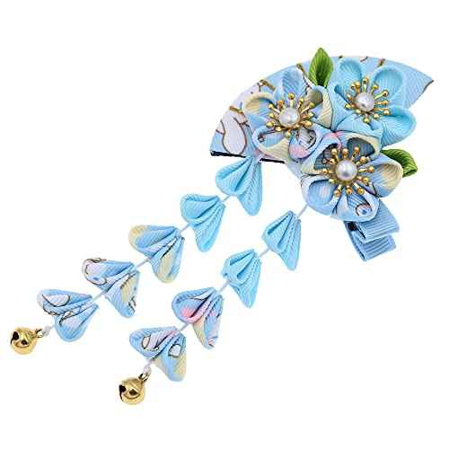 Japanese Style Women Flower Hair Clip Tassel Hair Ornament, Kimono Decor Fabric Hanfu Hairpin Accessories For Christmas Party Costume Gift (Light blue)