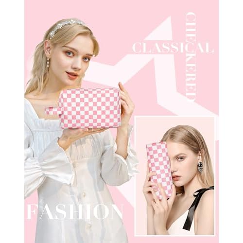 2Pcs Makeup Bag for Women, Large Checkered Cosmetic Bags with Small Makeup Brushes Bag Set, Cute Leather Make Up Orgnizer with Zipper, Travel Skincare Toiletry Storage Bag for Teens Girls Gifts(Black)