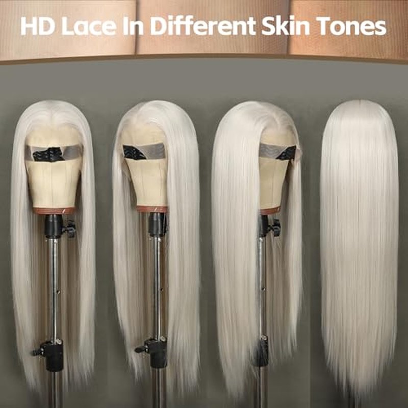 13X6 Platinum Blonde Synthetic Lace Front Wig Glueless Wig for Women Long Straight Pre-Plucked Hairline Ready to Wear Wigs 26 Inch Cosplay Party Use