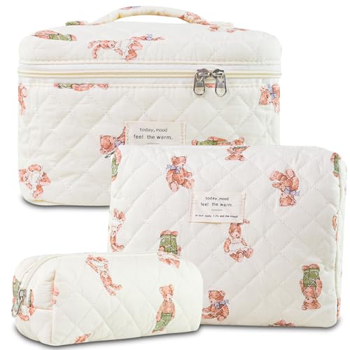 3Pcs Quilted Makeup Bag for Women, Large Travel Makeup Bag Set, Cute Aesthetic Cosmetic Bags, Floral Cotton Makeup Pouch Coquette Toiletry Organizer Bag