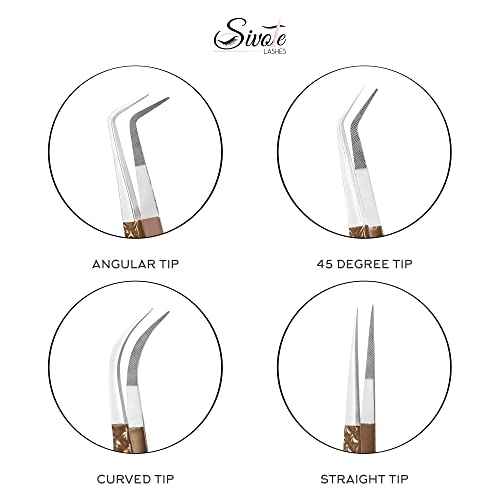 SIVOTE Lash Extension Tweezers Fiber Tips, Set of 4, Curved, Dolphin, 90 Degree & 45 Degree Tweezer, Chocolate