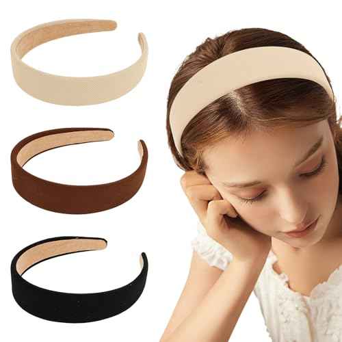 CURASA Headbands For Women Girls 3PCS Non Slip Satin Headbands Trendy Black White Head Bands Brown Neutral Hair Elastics Comfortable Wide Head Bands Stretchy Hairbands Plain Solid Hair Accessories