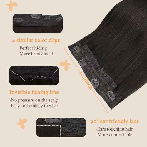 DOORES Wire Hair Extensions 18 Inch 95g Remy Human Wire Hair Extensions Invisible Transparent Line Adjustable Hairpieces Secret Extensions Straight Hair Dark Brown