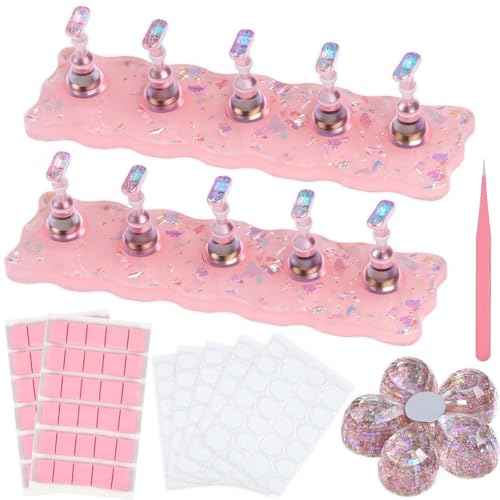 Pink Nail Stand for Press Ons - 2 Nail Holder for Painting Nails 10 Nail Stands 60 Sticky Tack 120 Adhesive Nail Tabs 1 Flower Nail Base - Press on Nail Stand Practice for Home Salon Supplies