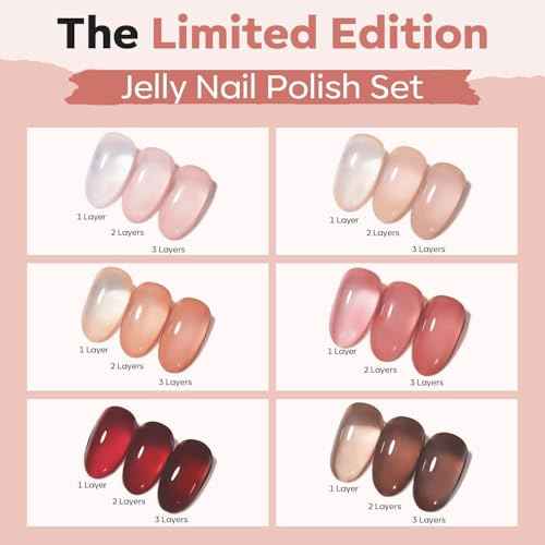 modelones Jelly Nail Polish of 6 Colors Sheer Nude Mini Nail Polish Set Natural Jelly Red Pink Brown Colors Quick Dry Fingernail Polish for DIY Fall Winter Nail Art Salon Home Gift for Women Girl