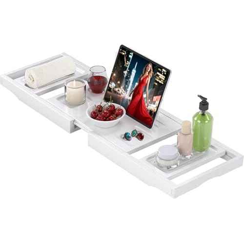 Bathtub Tray Caddy,Premium Bamboo Expandable Bath Tub Trays Table, Foldable Bathroom Accessories,Great House Warming, Anniversary and Birthday Gifts,White