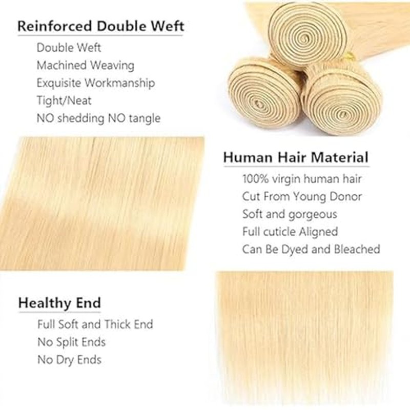 #613 Blonde Bundles Human Hair 20 22 24 Straight Color 613 Human Hair Bundles Blonde Extension 100 Gram Per Bundle 12A Unprocessed Brazilian Remy Hair Virgin Hair for Black Women