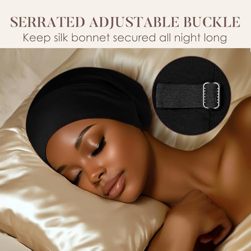LULUSILK 100% Mulberry Silk Bonnet for Sleeping Women and Men, No More Frizzy Tangled Hair, Real Silk Sleep Cap for Curly Hair, Black, Pack of 1