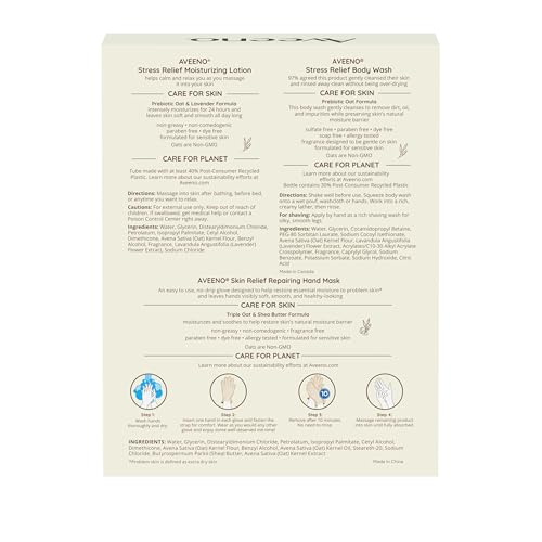 Aveeno Stress Relief Gift Set, Skincare Set for Sensitive Skin with Soothing Body Wash & Moisturizing Body Lotion, plus, Skin Relief Repairing Hand Masks for Very Dry Skin, 3 Items