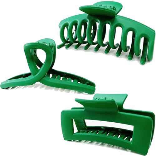 Solid Green Large Hair Claw Clips for Thick/Fine/Thin Hair,Strong holding teeth interlocking Women Jaw Clips for Hair 3 Count In set green hair clips for patrick's day (Green)