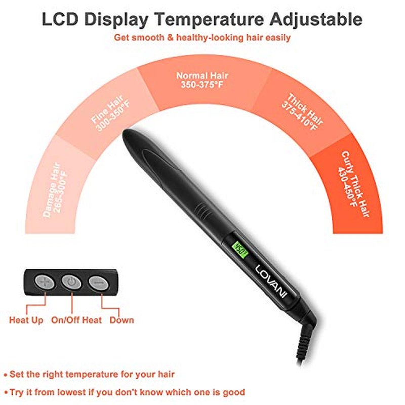 LOVANI Titanium Flat Iron, 450F High Heat Hair Straightener with Digital LCD, Dual Voltage, Auto Shut Off, Heat Resistant Bag, Glove and 2 Hair Clips (7 Piece Set), Black