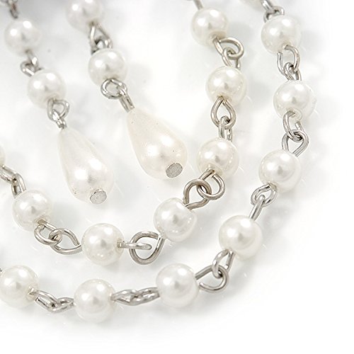Rhodium Plated Floral Barrette Hair Clip - Clear Crystal & White Faux Pearl | 95mm
