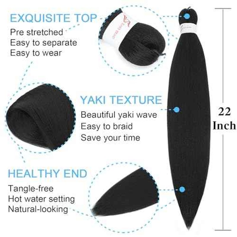 Braiding Hair Pre Stretched 22 Inch 8 Pack Long Professional Pre Stretched Hair For Braiding Soft Yaki Texture Hot Water Setting Synthetic Crochet Braids For Women Girls(22Inch,1B)