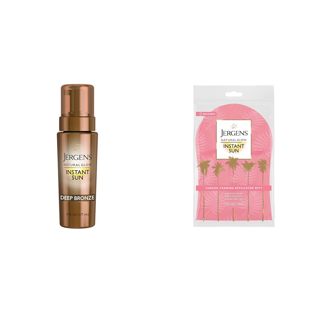 Jergens Natural Glow Instant Sun Body Mousse, Deep Bronze Tan, 6 Ounce Sunless Self-Tanner with Natural Glow Body Applicator Mitt, Flawless, Streak-free Tanning Blender Glove