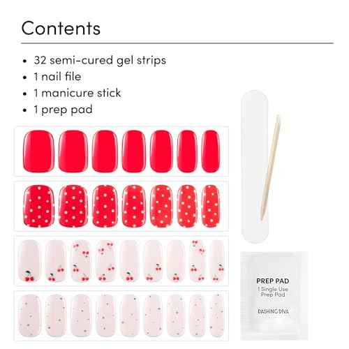 Dashing Diva Glaze Nail Strip Set - Cherry Vanilla - Long Lasting, Chip Resistant, Semi-Cured Gel Nail Strips - Summer Gel Set - 4-Piece Manicure Kit with 32 Strips