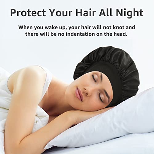 3 Pack Satin Bonnet Silk Hair Bonnet for Sleeping, Sleep Bonnets for Women Large Wide Soft Band Sleep Cap for Curly Hair Braids