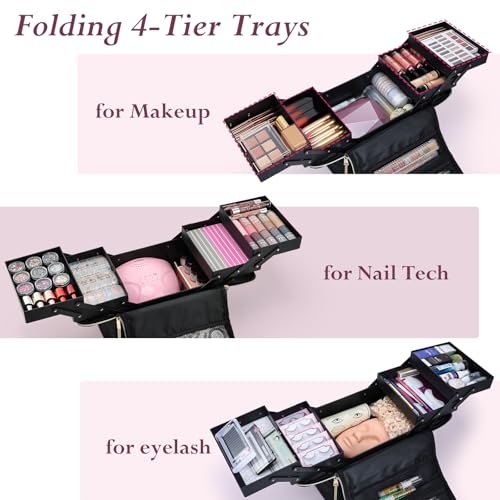 Large Travel Makeup Train Case, Big Makeup Bag Organizer Makeup Box,4 Tier Professional Cosmetic Storage Cases for Nail Tech Tattoo Storage Bag for Equipment and Supplies with luggage Sleeve