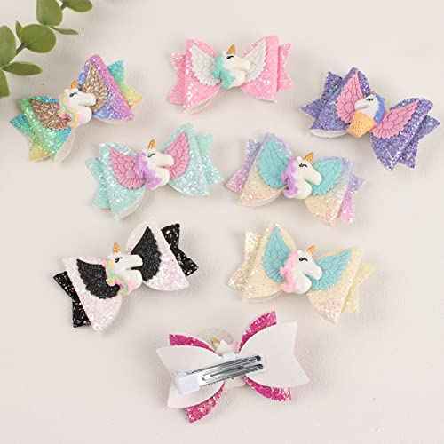 8pcs Unicorn Hair Bows, 3 Inch Glitter Grosgrain Ribbon Bows with Alligator Clips for Toddlers