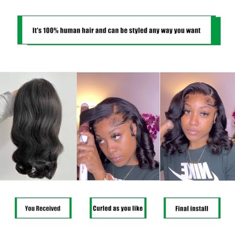 Douyin Bob Wig Human Hair 13x4 Lace Front Wigs Human Hair Pre Plucked Body Wave 180% Density 14 Inch HD Lace Frontal Short Glueless Wigs for Women (14 inch, Natural Black)