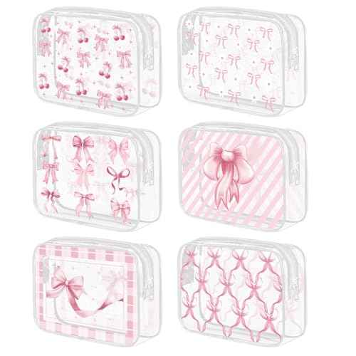 6Pcs Pink Bow Clear Makeup Bag PVC Coquette Cosmetic Bags Transparent Plastic Pouch with Zipper Waterproof Travel Toiletry Bags Pink Trendy Pouch Bag Gift for Birthday Party Favor Mother Nurse Girls