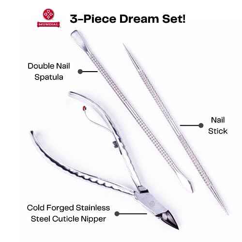 Mundial Nail Care 3 Piece Set - Professional Stainless Steel Cuticle Nippers with Double Nail Spatula and Pusher, Manicure, and Pedicure Trimmer Kit