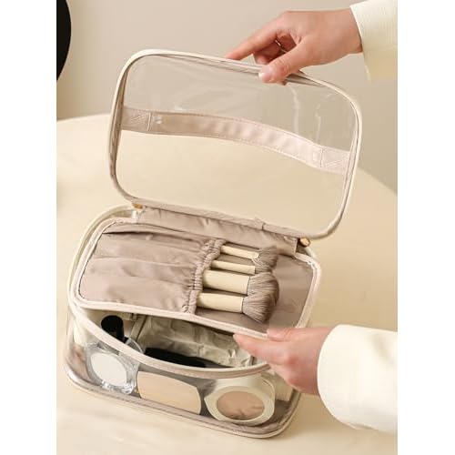 Large Clear Makeup Bag Big Cosmetic Bags Waterproof Toiletry Orangizer with Handle Transparent Toiletries Case Travel Pouch for Women Girls Daily Beauty Purse Essentials Skincare Bag Off White