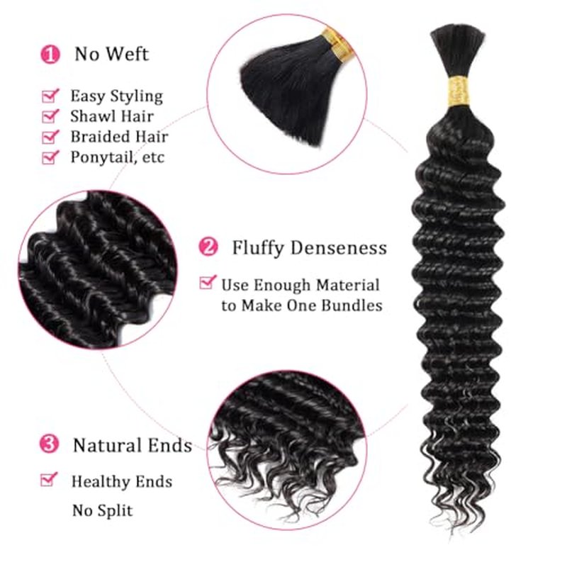 Human Braiding Hair 2 Bundles 100g 22Inch Deep Wave Bulk Human Hair for Braiding No Weft Curly Braiding Hair Bulk Curly Human Hair for Boho Braids 12A Brazilian Virgin Hair Extensions Natural Color