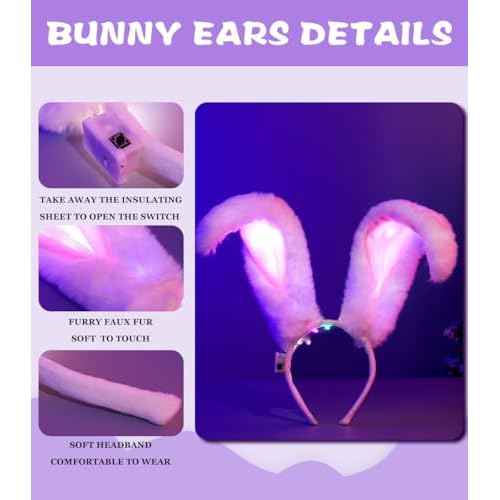 Uranian Light Up Bunny Ears Headband Rabbit Ears Hair Bands Led Bunny Headbands Cosplay Costume Hair Accessories for Women