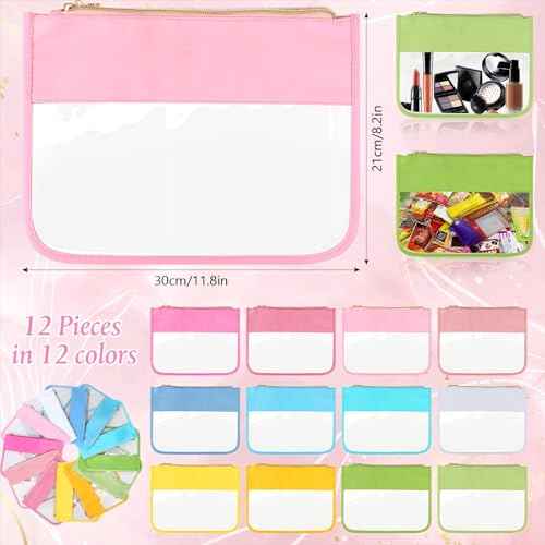 12 Pieces Clear Zipper Pouch for Travel Nylon Makeup Bag Waterproof Snack Stuff Pouches Cute Purse Cosmetic Bags for Women Girls Gifts