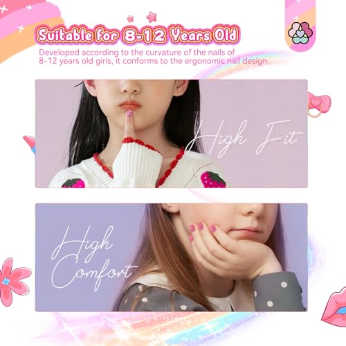 SAVILAND Press on Nails for Kids 168PCS: Kid Press on Nail for Girls Colorful Patterns Kids Fake Nails Tips Strong Adhesion Short Square False Acrylic Nail Art Christmas Easter Gifts 8-12 Years Child