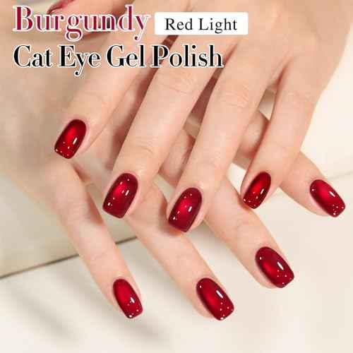 Double Rhythm Jelly Glass Cat Eye Gel Polish with Magnet 15ML Holographic Glitter Shimmer Translucent Sheer Color Magnetic Nail Polish Salon DIY at Home (Red-MC1116)