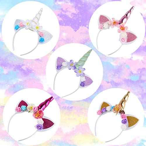 5PCS Glitter Unicorn Horn Headband, Flower Ears Unicorn Headbands for Girls, Birthday Unicorn Party Supplies, Cosplay Costume
