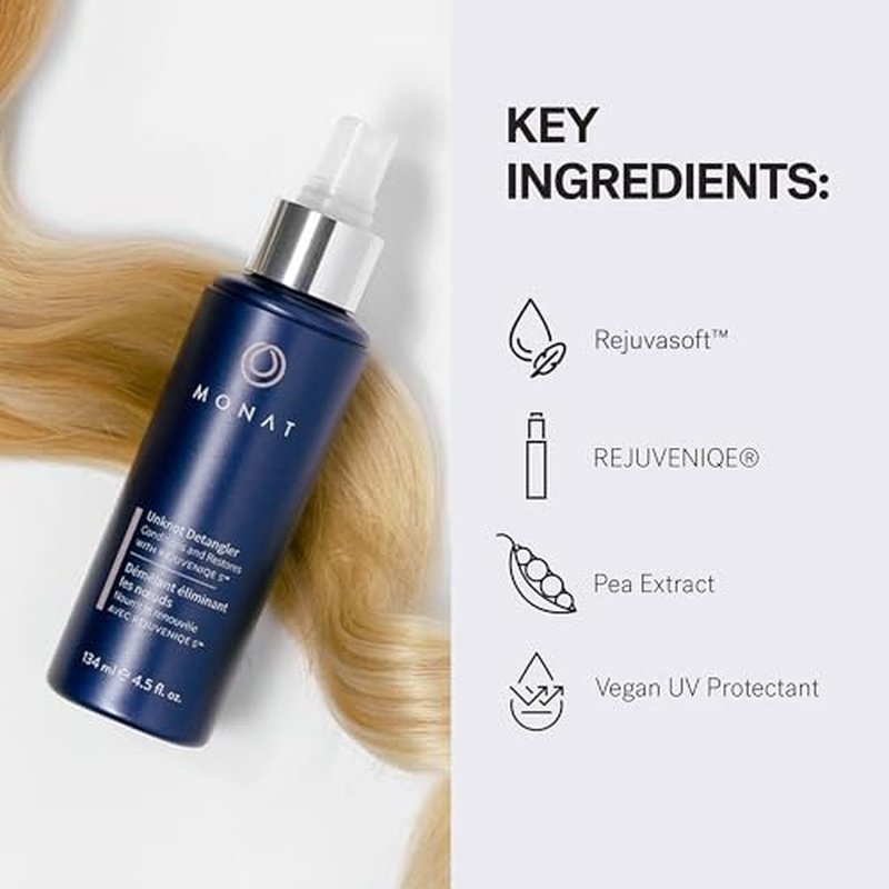 MONAT Unknot Detangler Infused with Rejuveniqe¢ç S - Lightweight, Anti Frizz Hair Detangler Spray Leaving Strands Soft and Knot-free. Safe for Color-treated Hair. -Net Wt. 134 ml / 4.5 fl. oz.