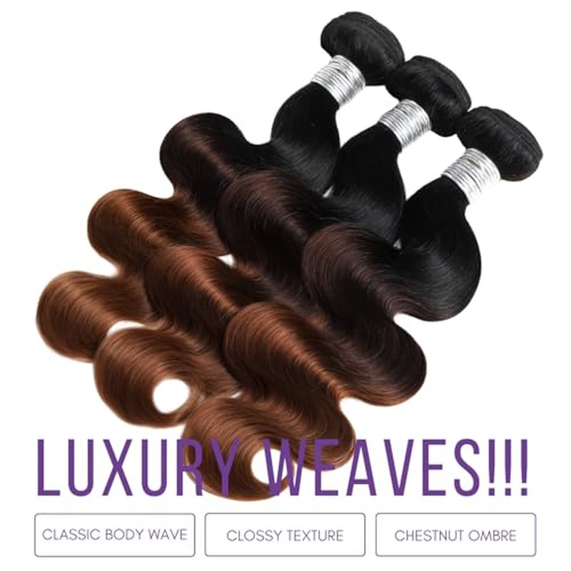 T1B/2/30 Chestnut Brown Ombre Human Hair Bundles Body Wave, 12A Thick Track 100% Virgin Human Hair Bundles Dark Roots Bundle 3 Tone Ombre Medium Auburn Colored Single Bundle Quick Weaves 20 Inch