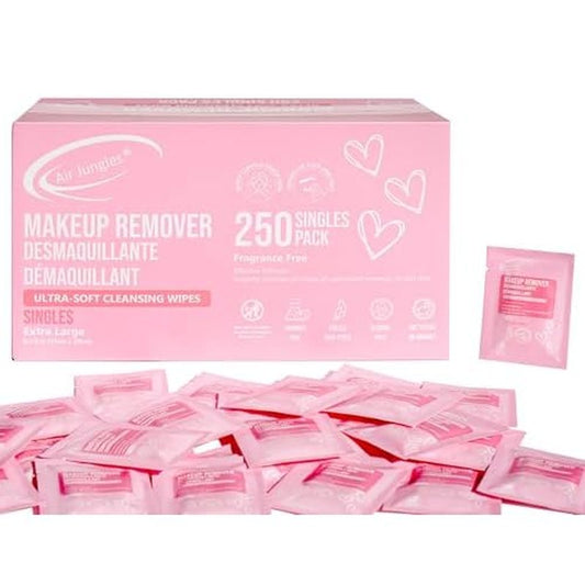 Air Jungles 250 Count Individual Makeup Remover Wipes, Bulk Size Individually Wrapped, Extra Large Facial Towelettes For All Skin Type, Fragrance-Free, Hotel Travel Size Toiletries