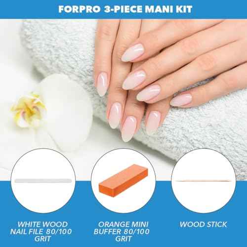 ForPro 3-Piece Mani Kit, 100-Count, Individually-Packed Manicure Set, White Wood Nail File 80/100 Grit, Orange Mini Buffer 80/100 Grit, Wood Stick
