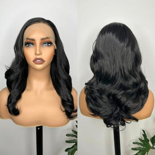 13X6 Body Wave Lace Front Wigs Black Wavy Synthetic Lace Front Wig HD Glueless Lace Wigs Pre Plucked Natural Hairline With Baby Hair 18 Inch Wear And Go Wigs For Black Women