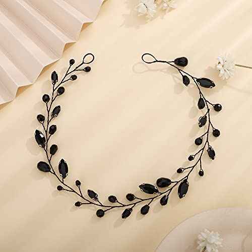 Teyglen Bridal Rhinestone Crystal Hair Vine - Handmade Long Black Rhinestones Headband for Brides, Vintage Headpieces for Women, Party Prom Birthday (Black)