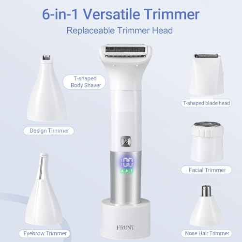 Bikini Trimmer for Women, 6-in-1 Body Hair Trimmer, Facial & Pubic Hair Removal, IPX7 Waterproof Wet & Dry Grooming Electric Shaver Kit,Cordless Travel Razor with USB Charging Dock