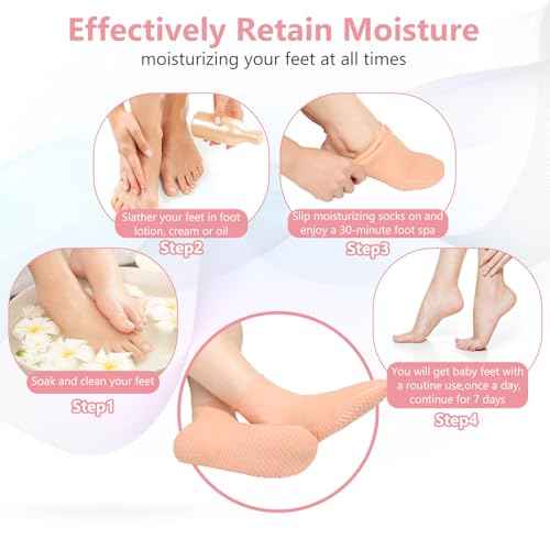 Silicone Moisturizing Socks for Dry Cracked Feet - 2 Pairs, XL Long Size, Non-Slip Heel Socks for Women and Men - High Stretch Foot Care Pedicure - White & Beige