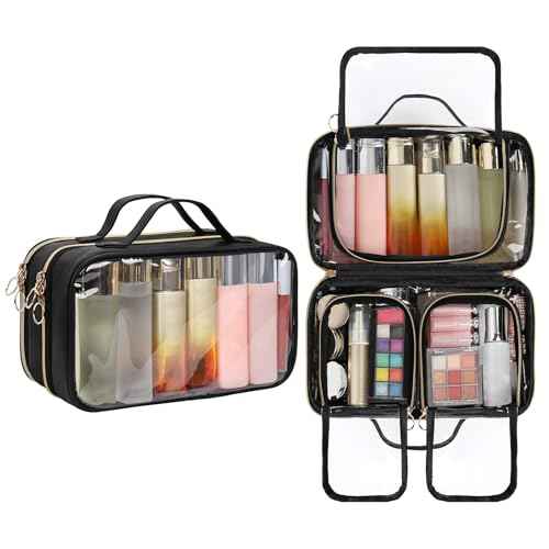 OCHEAL Travel Toiletry Bag, Double Layer Clear Makeup Bag Organizer Large Capacity Cosmetic Bag for Traveling Women Beauty Essentials, Multiple Compartments Makeup Case- Black