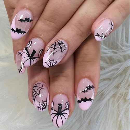 24Pcs Halloween Press on Nails Almond Short Pink French Tip Fake Nails Cute Pumpkin Bat False Nail with Designs Full Cover Spider Web Glue on Nails Reusable Artificial Nail for Women DIY Manicure