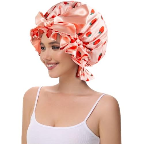 Silk Bonnet for Sleeping Women, Satin Hair Shower Cap 2025 Tie Band Adjustable Straps Head Wrap for Curly Hair Strawberries F