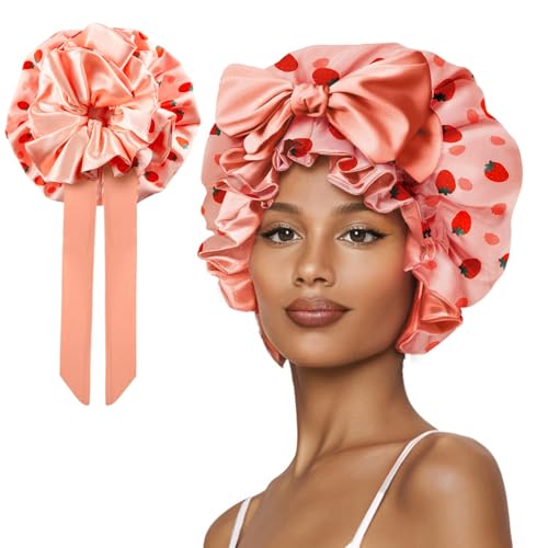 Silk Bonnet for Sleeping Women, Satin Hair Shower Cap 2025 Tie Band Adjustable Straps Head Wrap for Curly Hair Strawberries F