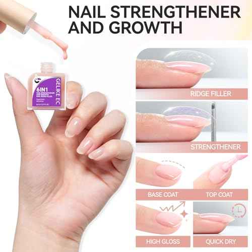 Gelike EC Nail Growth Strengthener for Woman: Nude Blush 6 in 1 Natural Nail Hardener Extra Strong and Growth - Nail Polish Hardener for Weak and Damaged Nails