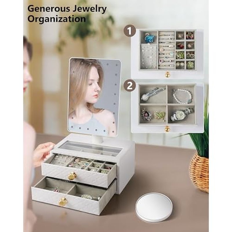 Star Vision 2-in-1 Lighted Makeup Mirror with PU Jewelry Organizer, Dimmable 6,000K Cool White Light, 2-Layer Drawers, PU Surface with Stitching, Includes a 10X Magnification Mirror, White