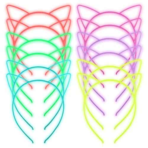 ZIRICHER 12pcs Glow in the Dark Headbands, Cat Ear Headband Plastic Light Up Hair Band Luminous Headband For Girls Party Crown Headbands