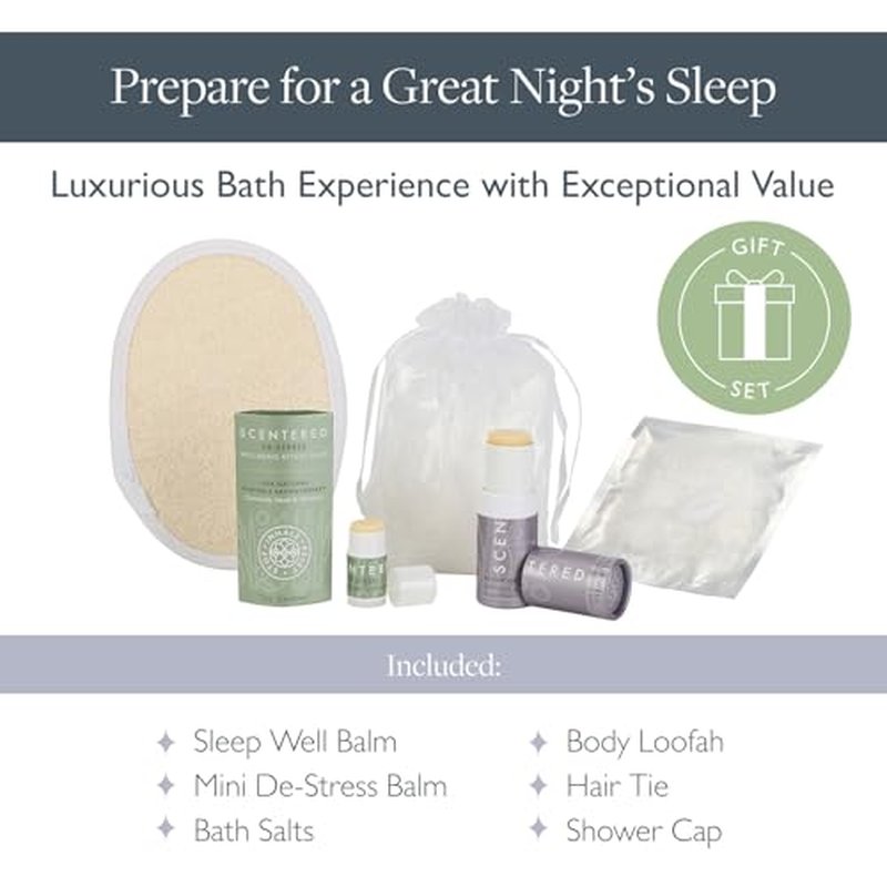 Scentered Prepare for a Great Night's Sleep Bath Set - Bath Salts, Aromatherapy Balms, Body Loofah, Hair Tie & Shower Cap - Relaxing Bath Set for Restful Sleep - Mother's Day Gift Ideas