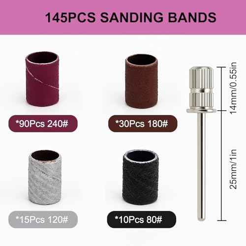 Nail Drill Bits, 145 Pcs Nail Drill Sanding Bands Set - 80# 120# 180# 240# Fine Grit File Sanding Bands for Acrylic Gel Nails, Manicure & Pedicure Nail Tech Tools