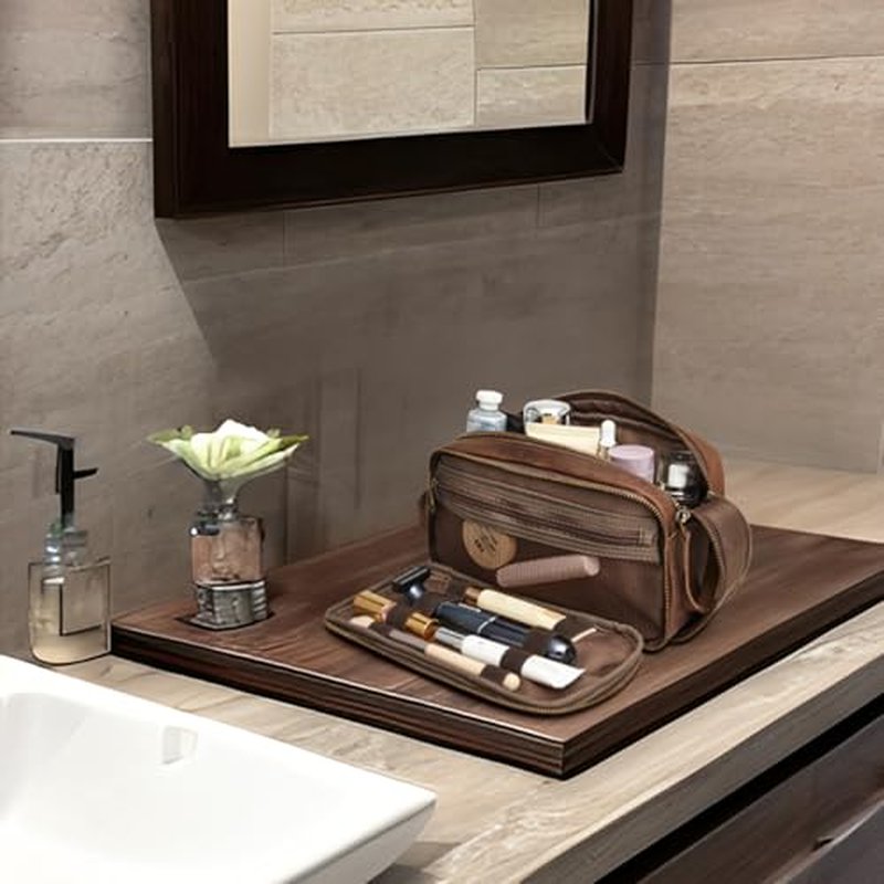 S-ZONE Leather Travel Toiletry Bag for Men Women Traveling Cosmetic Shaving Bags Dopp Kit